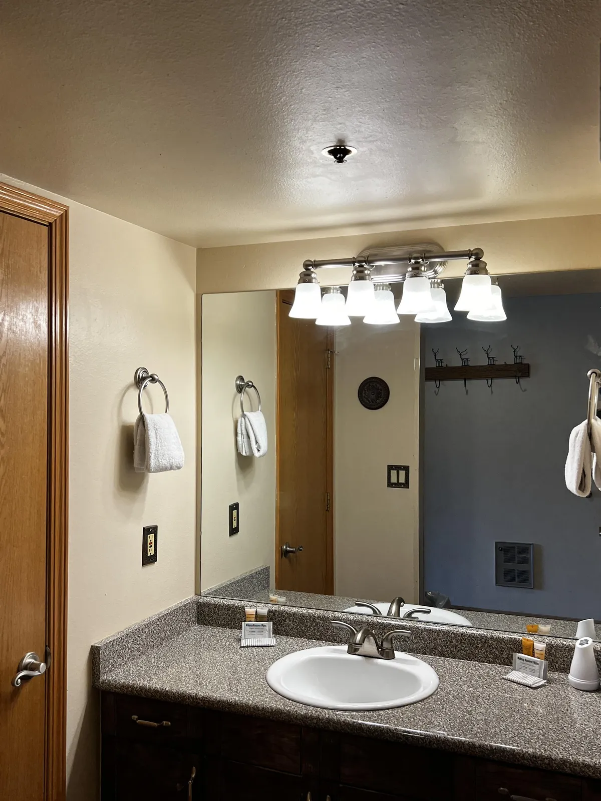 A serene bathroom space featuring a large mirror, elegant lighting, a clean sink, and neatly arranged towels. The calming atmosphere suggests a refreshing start to the day or a peaceful wind-down after exploring the mountains.
